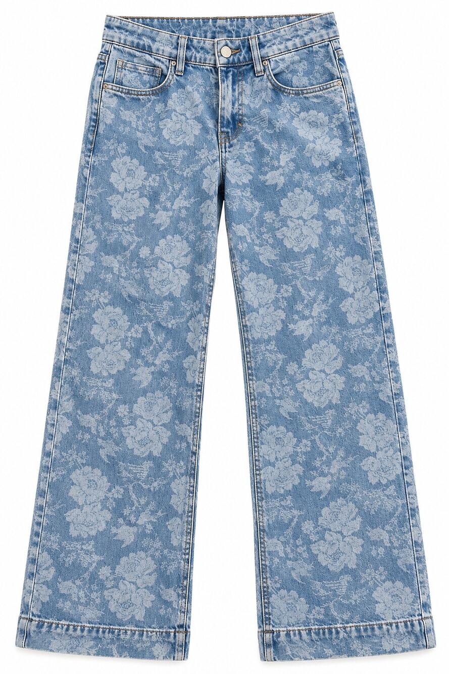 PAIGE Floral Print Wide Leg Jeans Women's 27 Light Wash Blue Denim